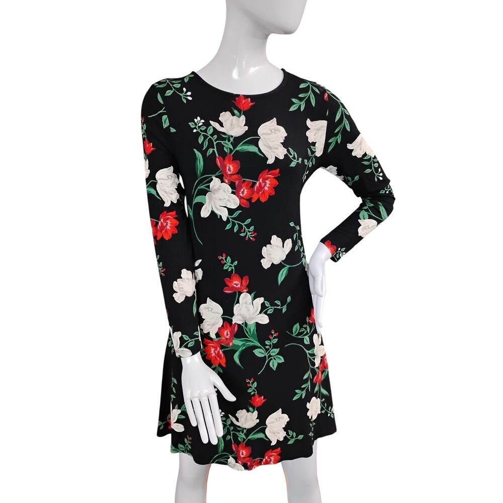 Old Navy Swing Multifloral Dress Size Small Knit Black Red and Green Long Sleeve